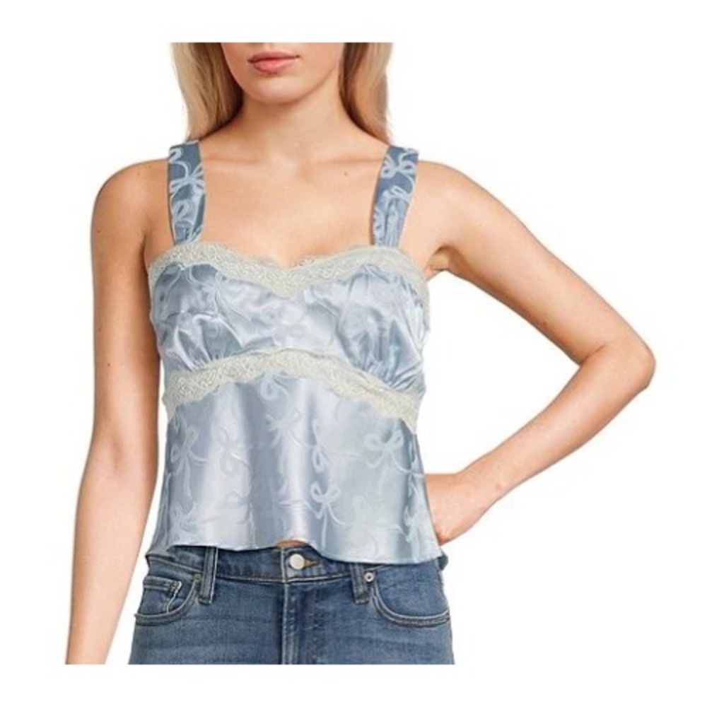 Evolutionary Tank Top Womens Large Blue Satin Jacquard Bow‎ Camisole Cottagecore